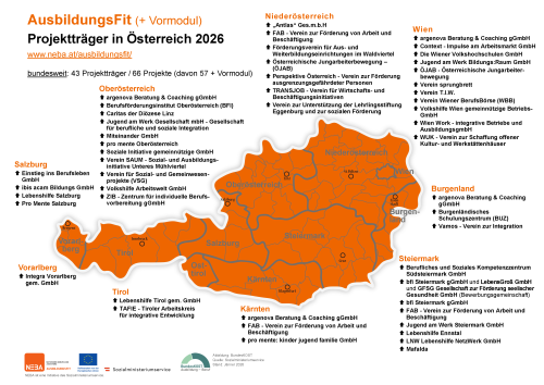 österreichische Landkarte für Projektträger in AusbildungsFit; im Vollbild anzeigen, PDF-Alternative direkt unterhalb
