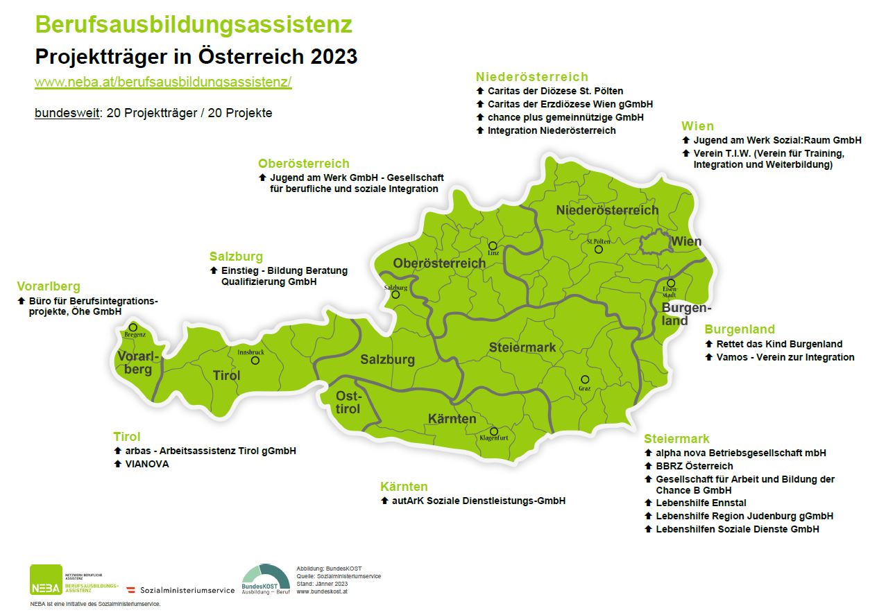 Landkarte der Projektträger Berufsausbildungsassistenz in Österreich 2023 (Inhalte als barrierefreies PDF direkt oberhalb verfügbar)