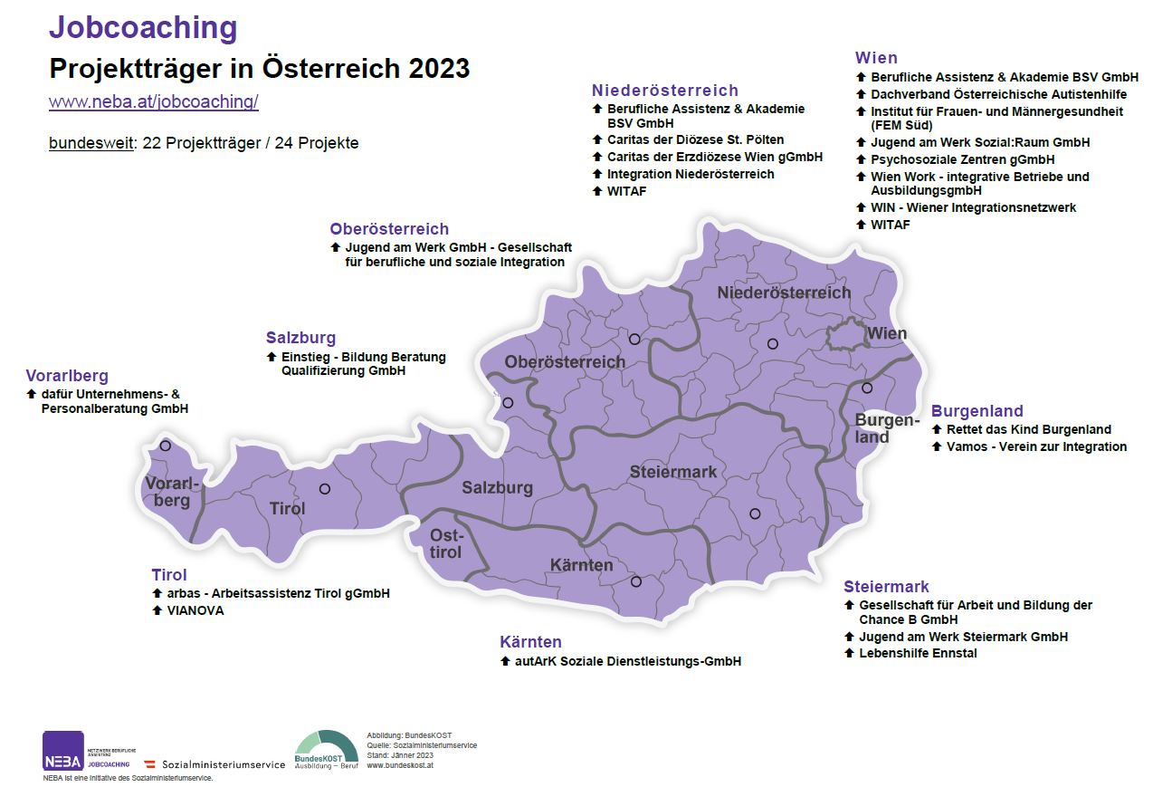 Landkarte der Projektträger Jobcoaching in Österreich 2023 (Inhalte als barrierefreies PDF direkt oberhalb verfügbar)