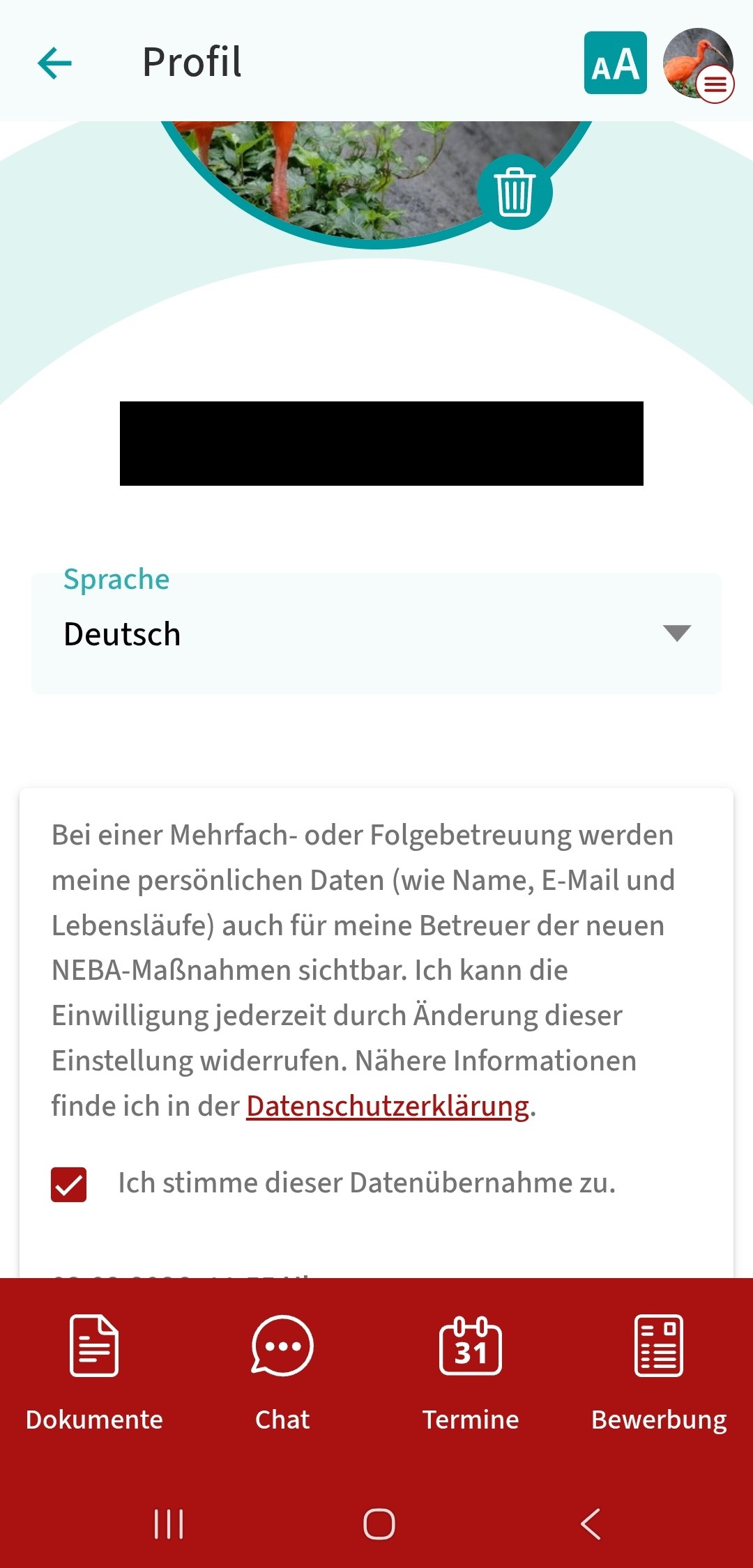 Screenshot der NEBA-App: man befindet sich im Profil und es ist ein gesetztes Häkchen zu sehen unter einem Erklärungstext