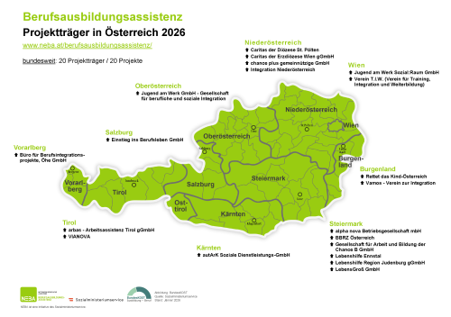 österreichische Landkarte für Projektträger in Berufsausbildungsassistenz; im Vollbild anzeigen, PDF-Alternative direkt unterhalb